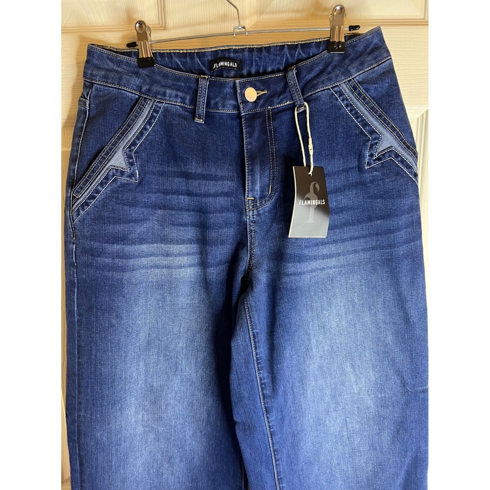Flamingals Women Medium Wash Star Pocket Detail Wide Leg Denim Jeans‎ New